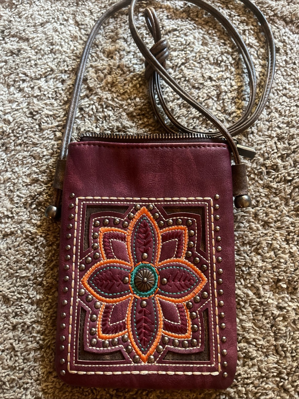 Compact Burgundy Floral Embroidered Crossbody Bag